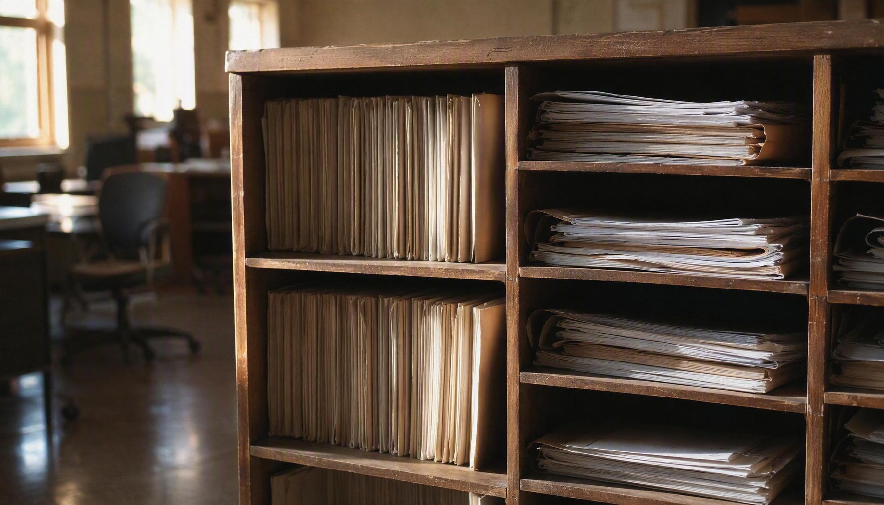 Casilleros de archivo con dosieres ordenados a un lado y apilados de forma irregular al otro.
