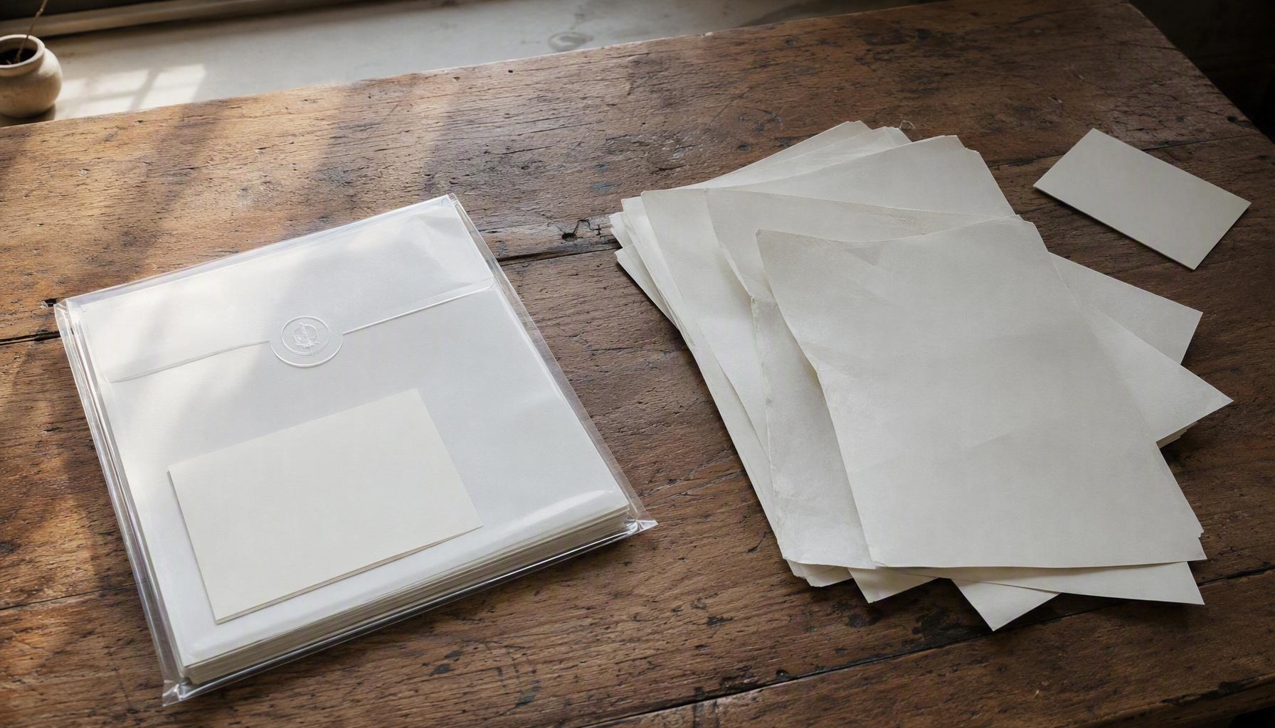 Funda de archivo sellada con hojas alineadas junto a otra pila de hojas sueltas y desordenadas.